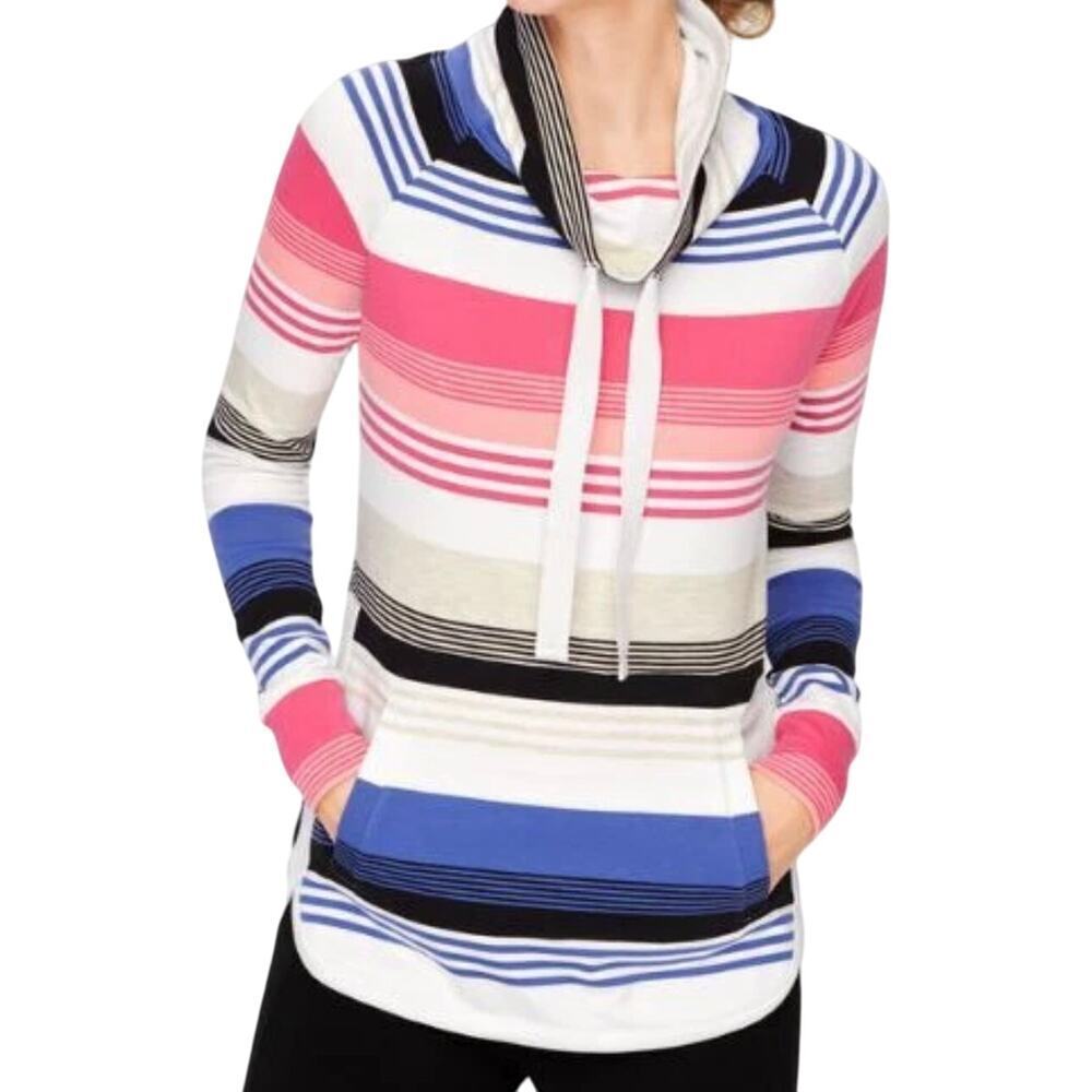 T by Talbots Sweatshirt Size 2X Blue Pink Stripe Pullover Drawstring Funnel Neck